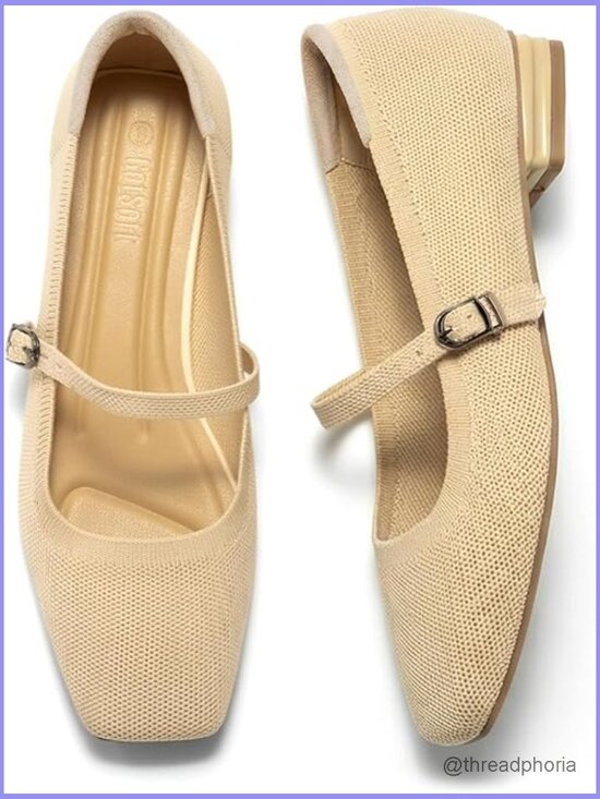 Shoes - Knit Mary Jane Flats Closed Square Toe Ankle Strap Ballet Flat Comfortable Slip